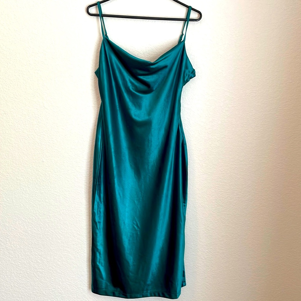 Double Layered Emerald Satin Dress with Slit